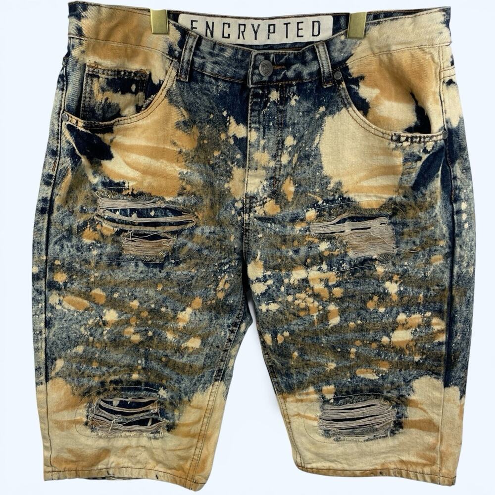 Encrypted Denim Shorts Acid Wased Distressed/Repaired Men's Size 38x13